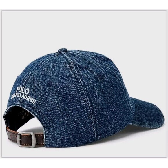 Polo Ralph Lauren BEAR Dark Wash Denim Blue Leather Strapback Baseball H… - Picture 2 of 7